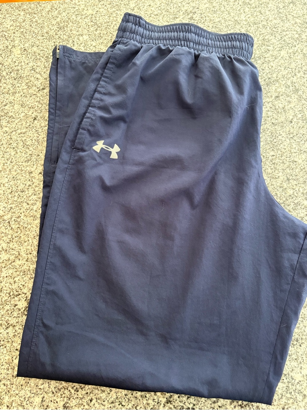 Under Armour Navy Blue Performance Track Pants with Gray Logo and Bottom Zippers